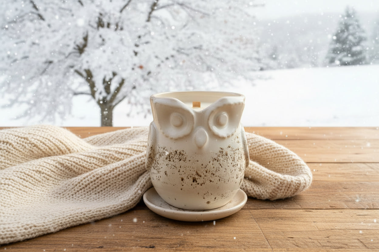 White owl-shaped candle holder on a wooden surface with snow background