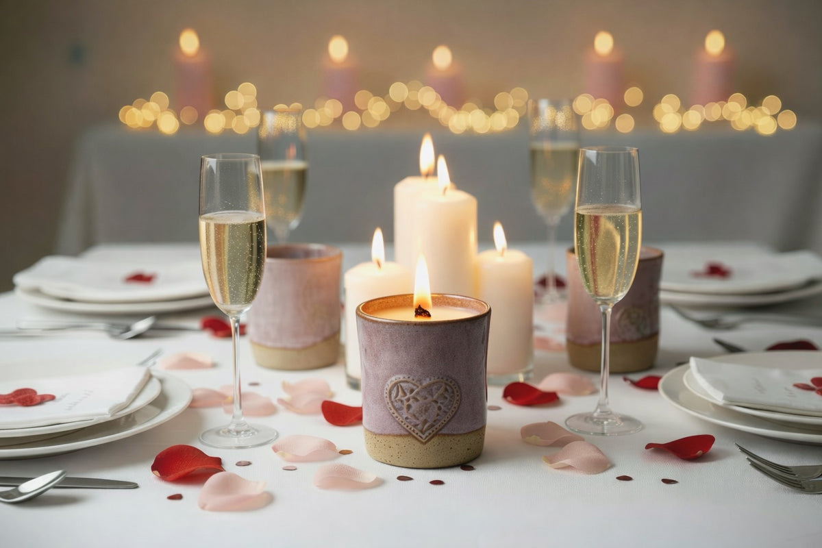 Romantic dinner setup with candles, wine glasses, and rose petals on a softly lit background.