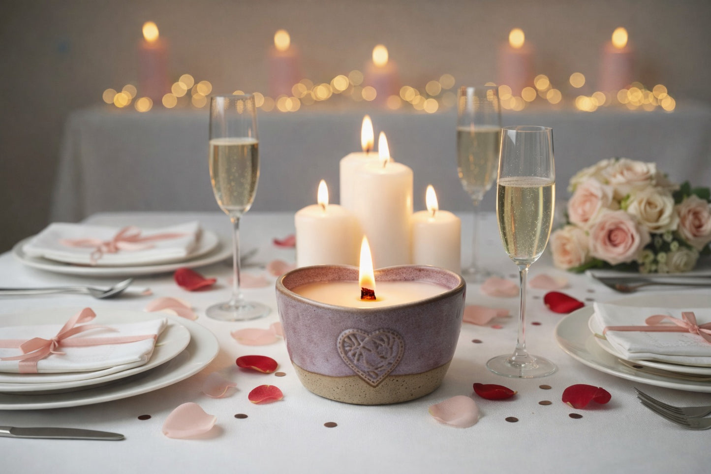 Romantic dinner setup with candles, wine glasses, and flowers on a softly lit table.