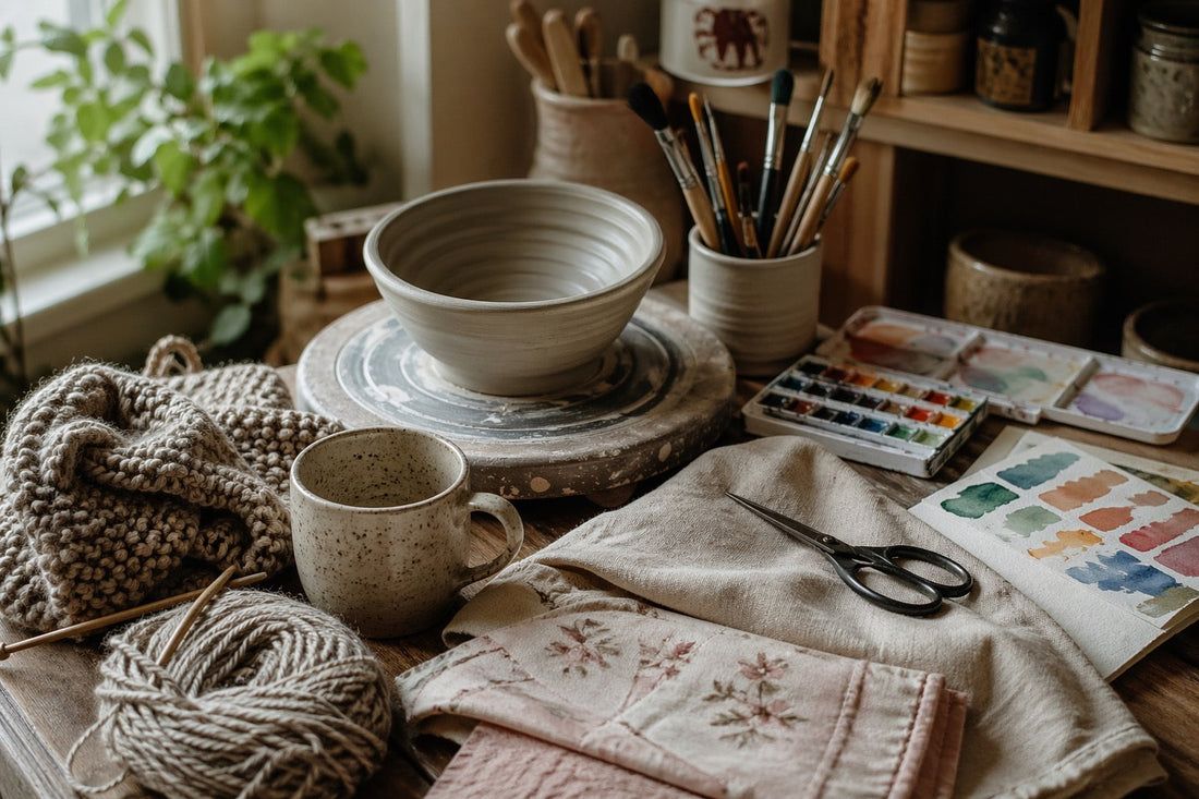 Handmade ceramic pottery alongside knitting, sewing, and watercolor supplies on a natural wood surface