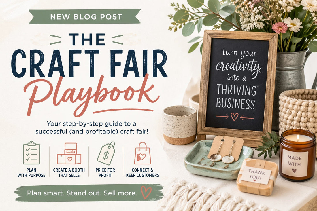 Handmade ceramic mugs, bowls, and stoneware pottery displayed on a rustic wooden table with linen covers at an outdoor craft fair booth