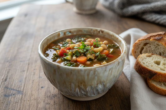 Handmade ceramic soup bowl filled with winter minestrone on rustic wooden table