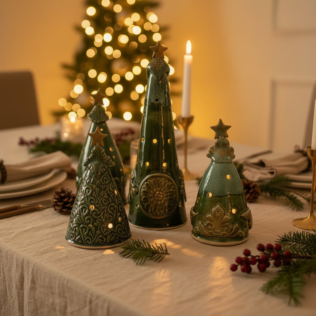 Handmade Stoneware Christmas Tree Luminary - Ceramic Holiday Candle Holder