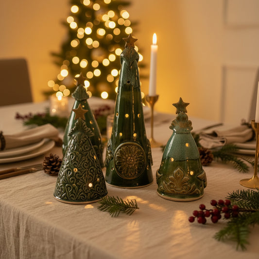 Handmade Stoneware Christmas Tree Luminary - Ceramic Holiday Candle Holder