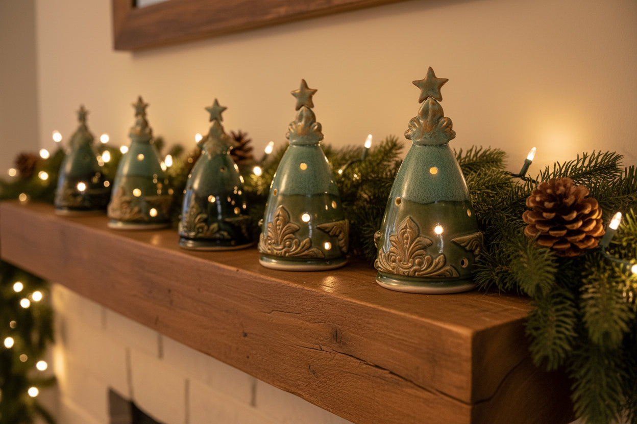 Handmade Stoneware Christmas Tree Luminary - Ceramic Holiday Candle Holder
