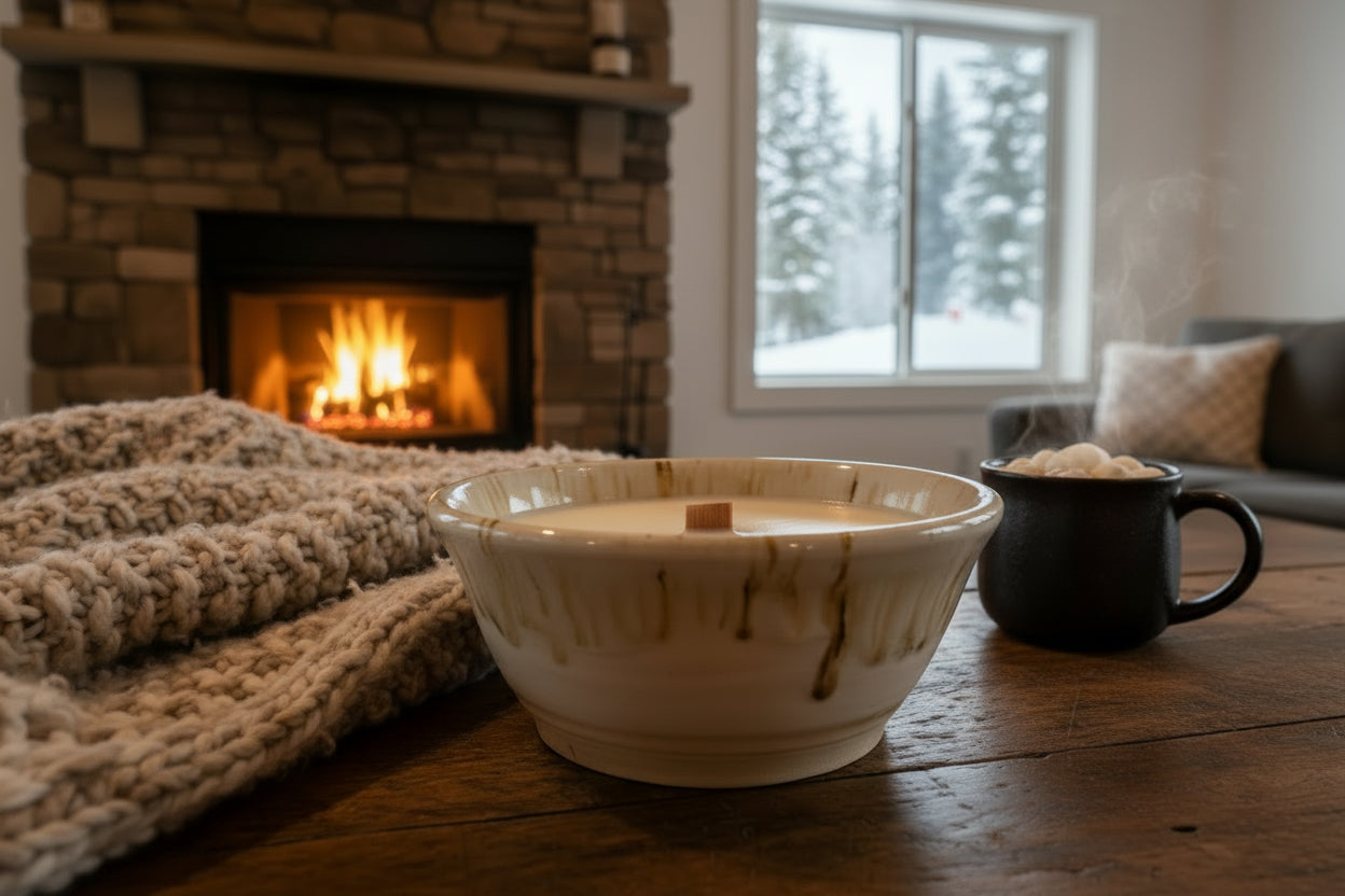 Candle in a white bowl on a wooden table with a fireplace and window in the background