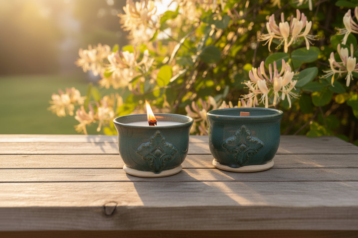Two green  ceramic candles with floral designs on a textured surface.