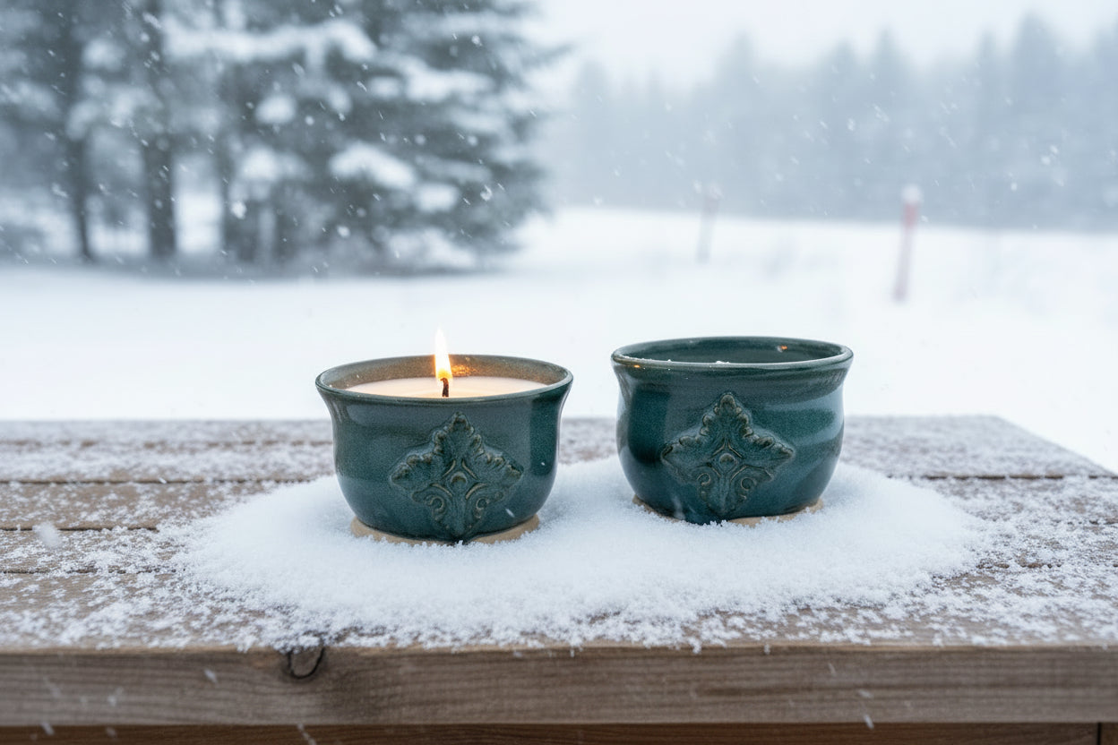 Two green  ceramic candles with floral designs on a textured surface.
