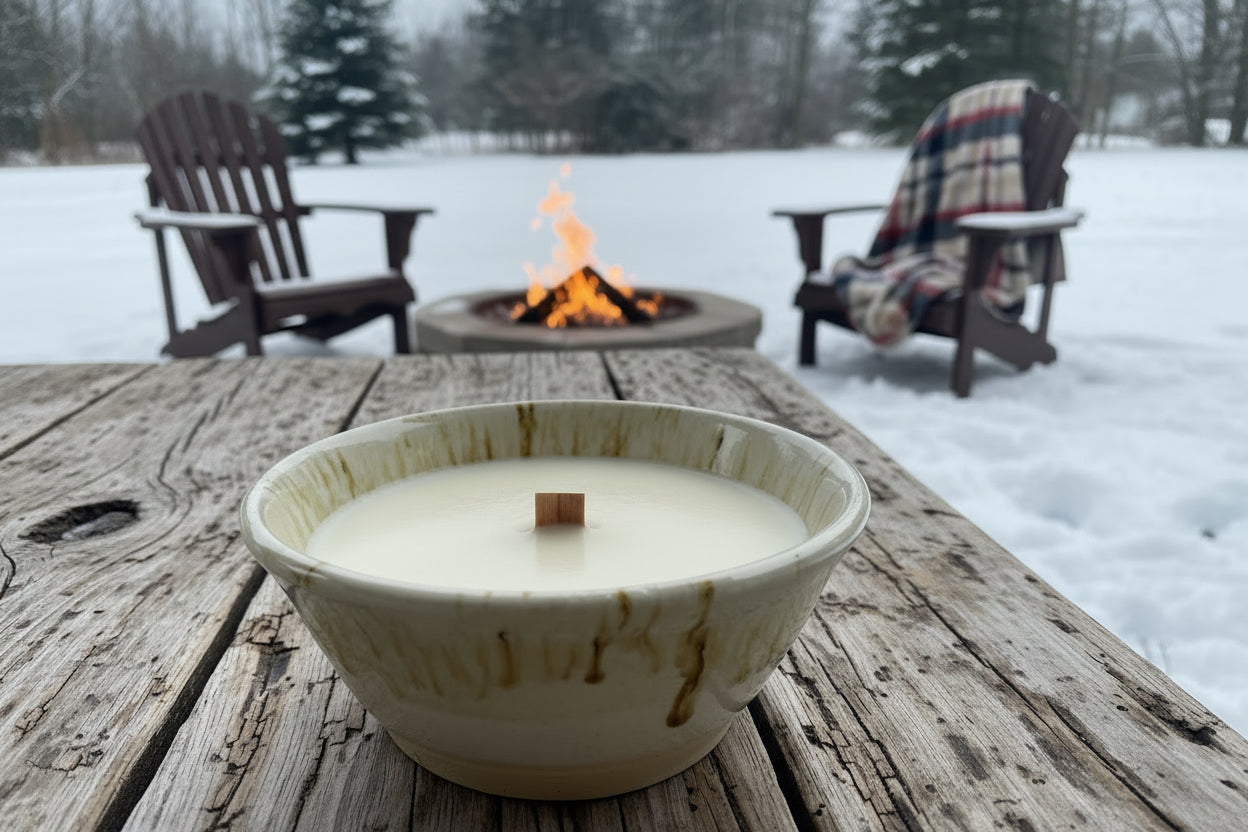 Candle in a white bowl on a wooden table with a snowy landscape and fire pit in the background.