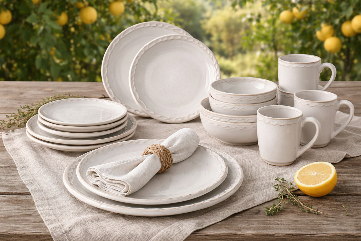 Set of white ceramic dinnerware on a wooden table with lemons and herbs in the background.