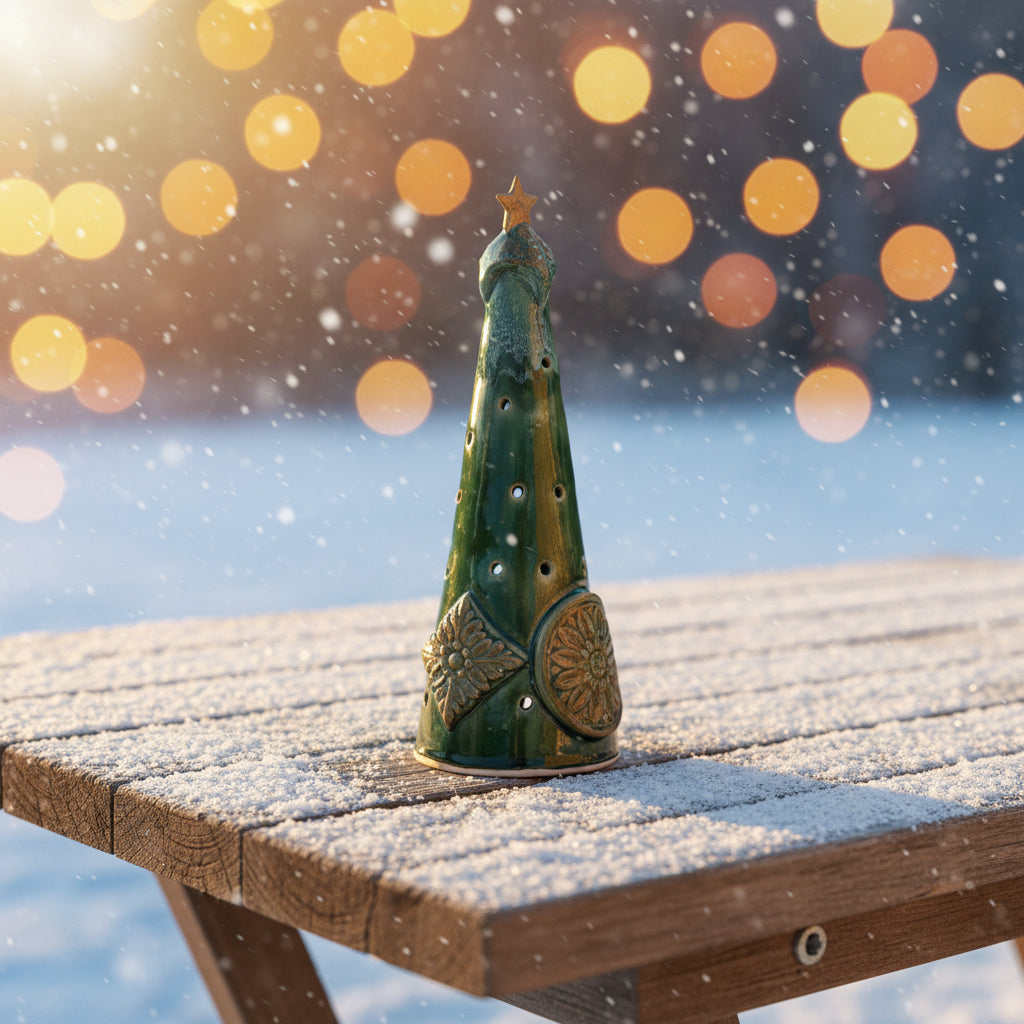 Handmade Stoneware Christmas Tree Luminary - Ceramic Holiday Candle Holder