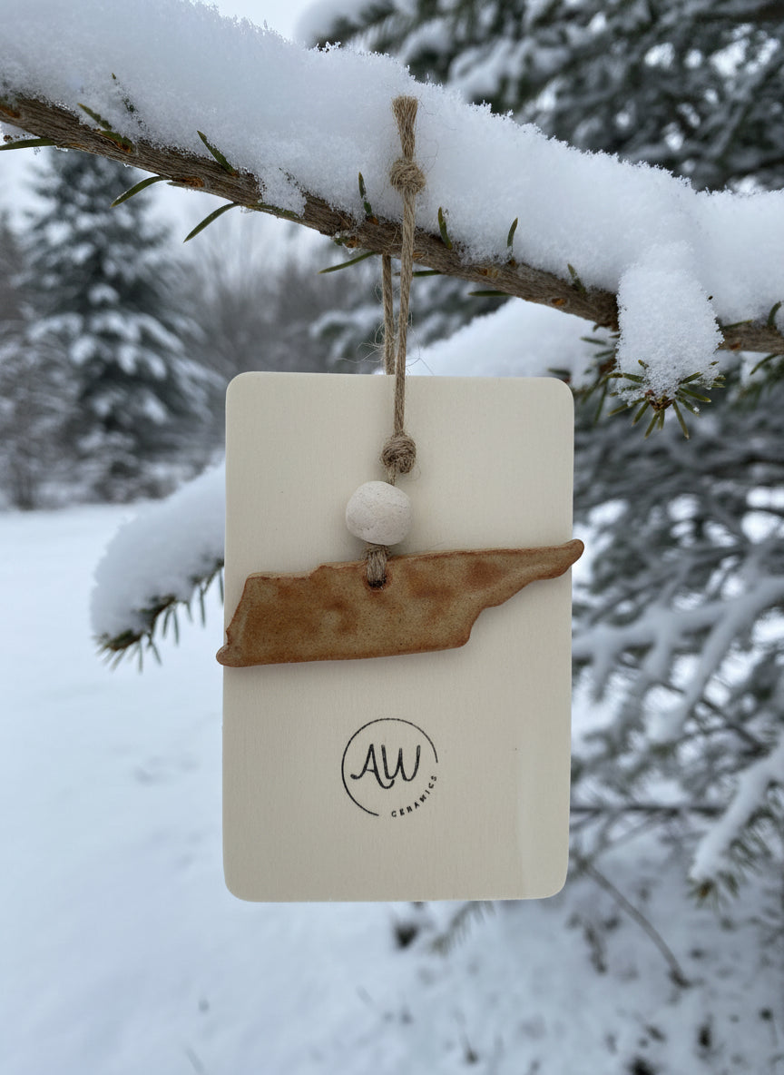 A shiny brown ceramic tennessee ornament on a snowy fence
