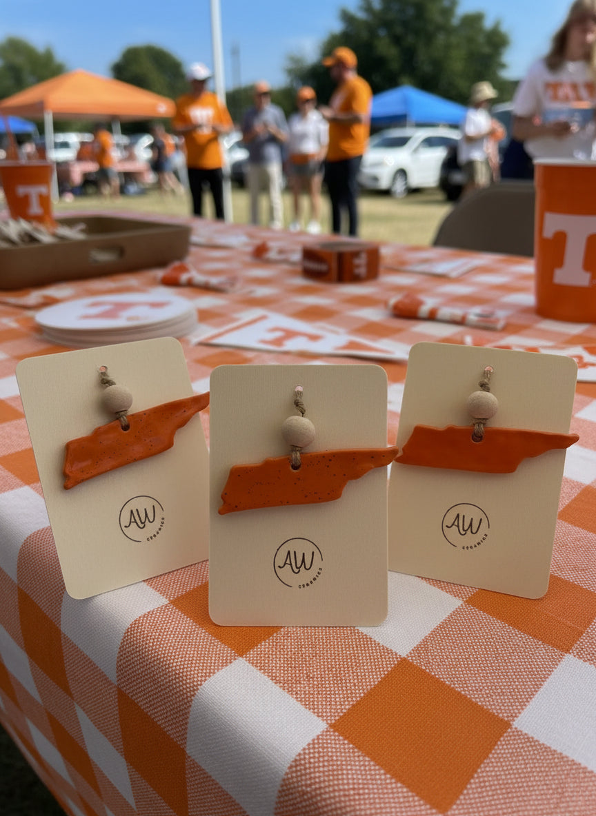 Tennesse orange ornaments on a tailgate table
