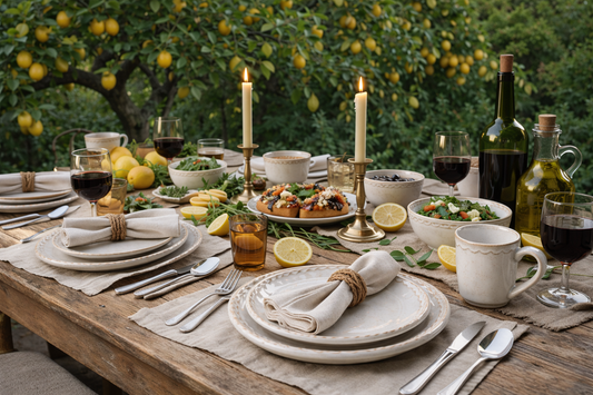 Dining table set for a meal outdoors with candles, wine, and food.