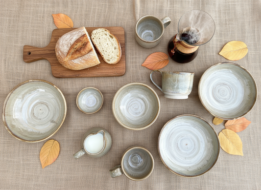 Overhead flat lay of Hazelnut Dinnerware Collection