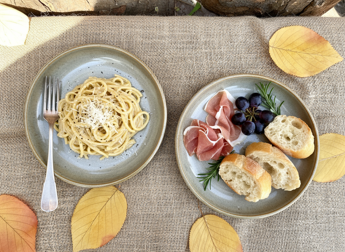 Overhead flat lay of hazelnut plates with elegant presentation