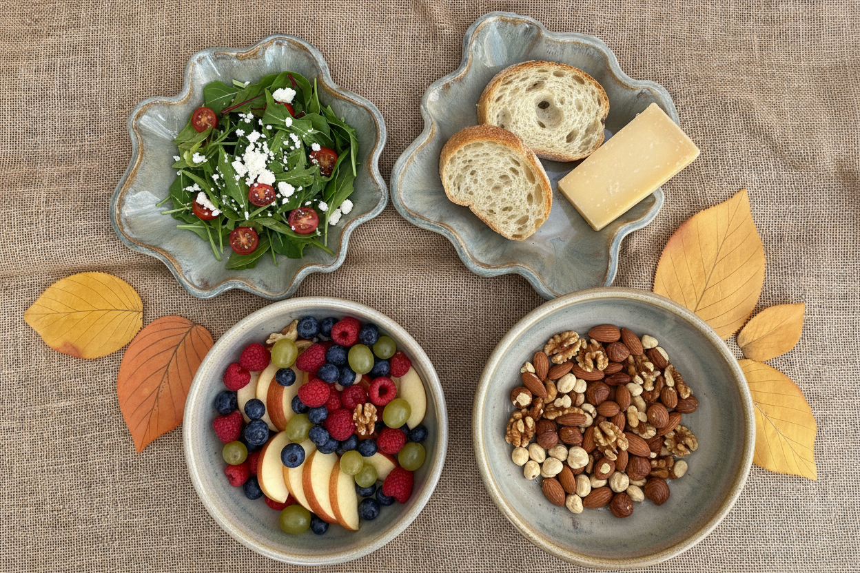 Overhead flat lay of hazelnut plates with fresh food