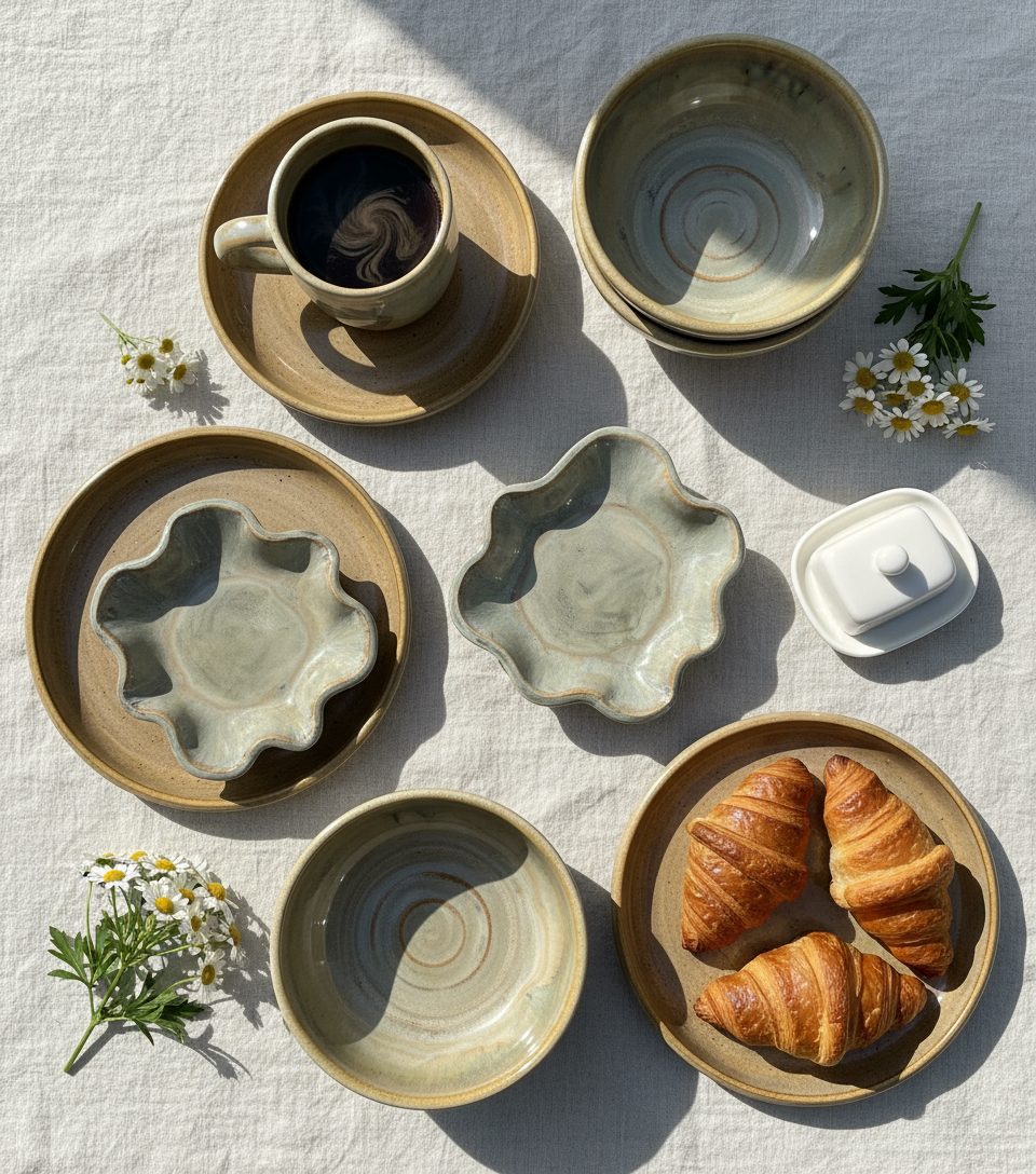 Overhead flat lay with breakfast styling